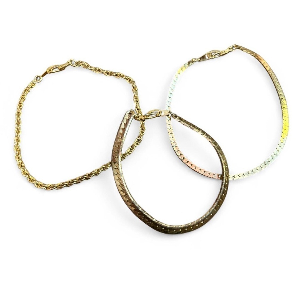 Lot of 3 Vintage 14KGP Gold Plated Bracelets Rope & Herringbone Chain Mix Style